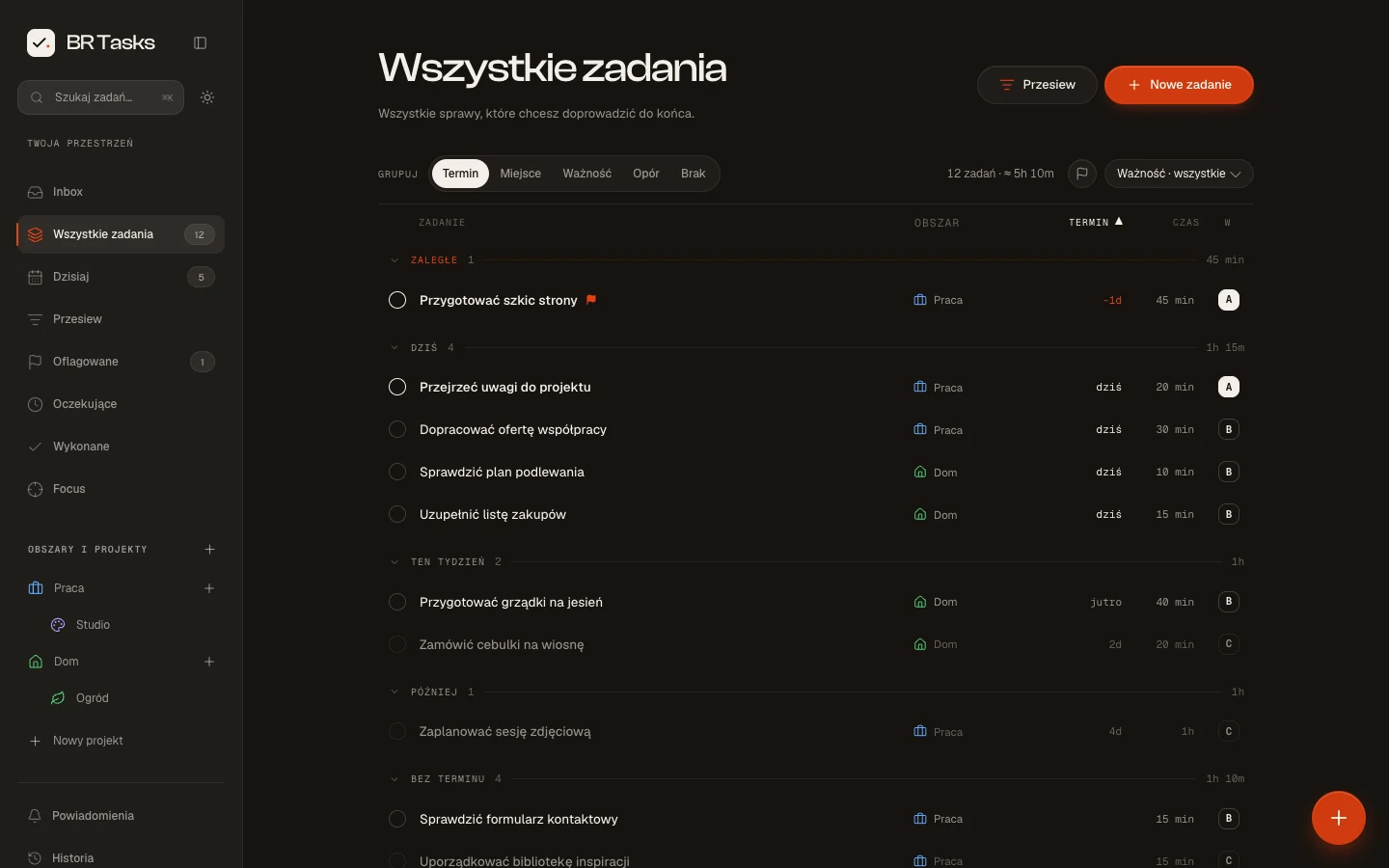 Ciemny motyw: zadania według terminów, z projektami, priorytetami i szacowanym czasem. Dane demonstracyjne.