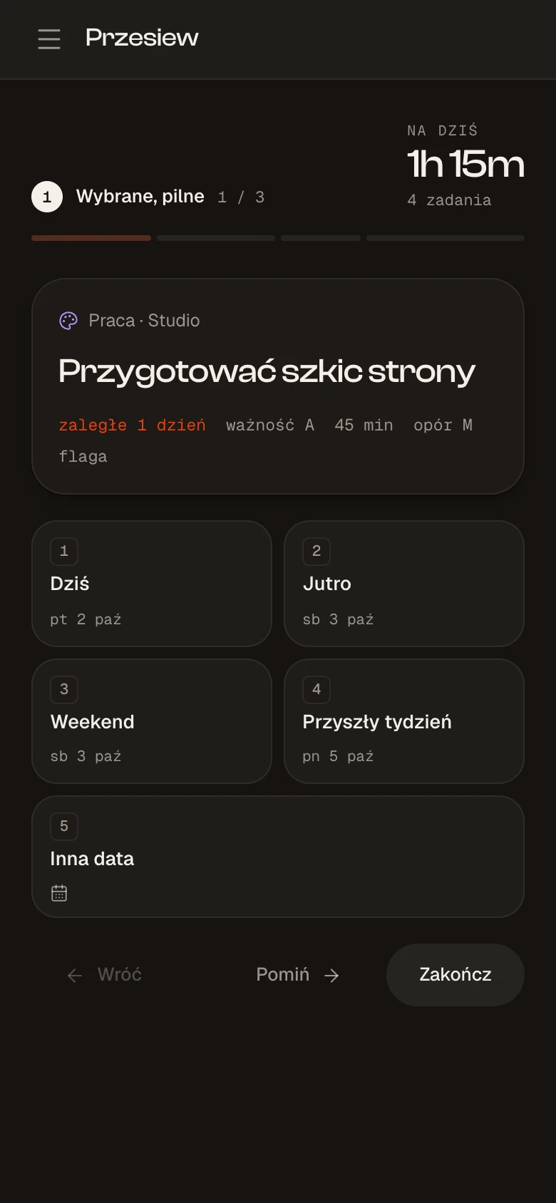 Przesiew na telefonie: te same decyzje o terminach, w układzie dostosowanym do małego ekranu. Dane demonstracyjne.