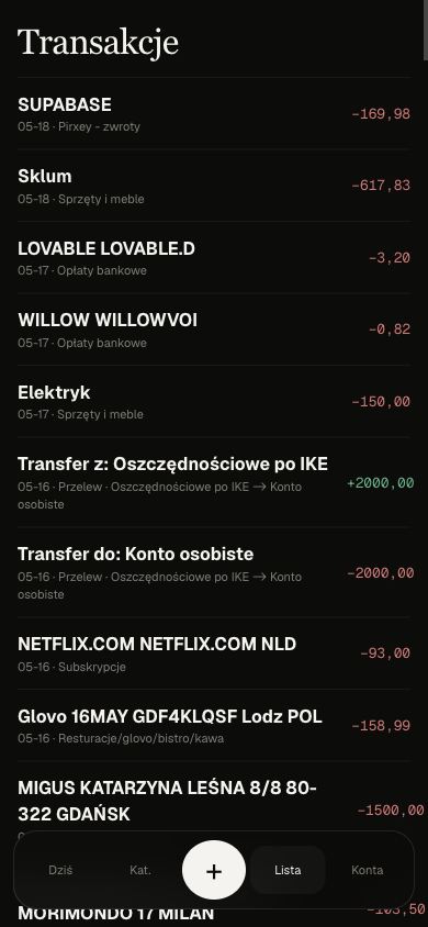 BR-Budget mobile, lista transakcji