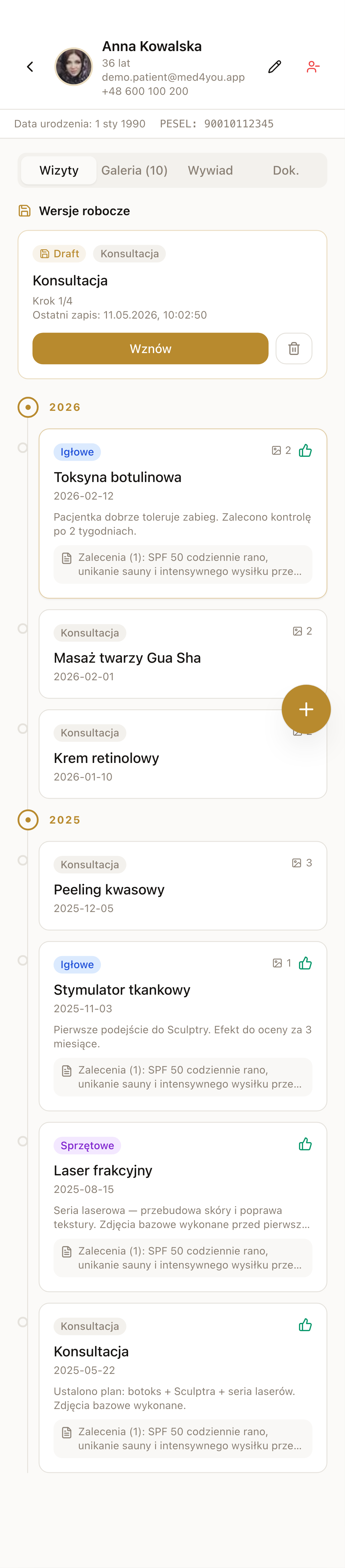 Patient profile, visit timeline