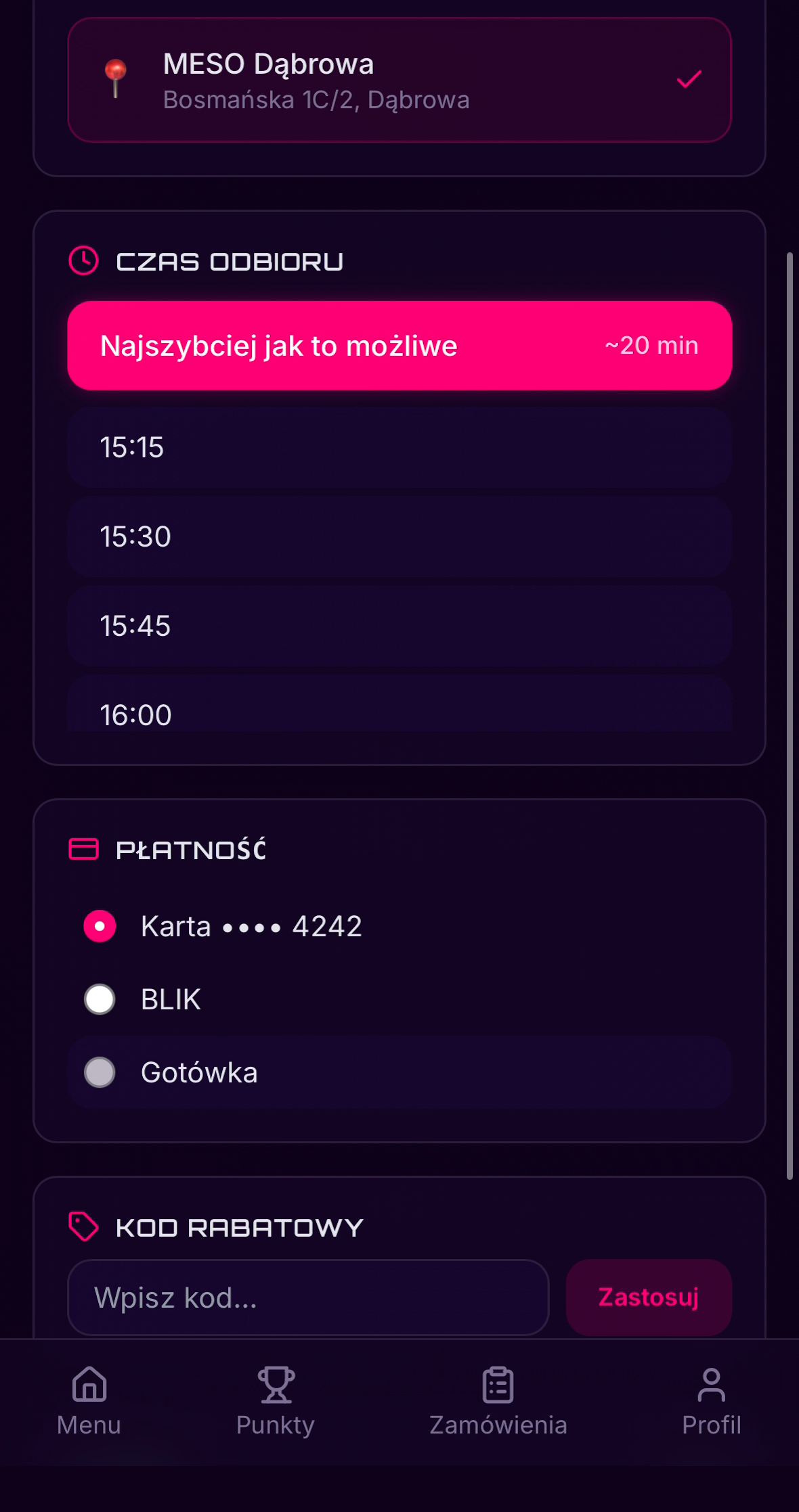 Meso Delivery, checkout with card and BLIK payment