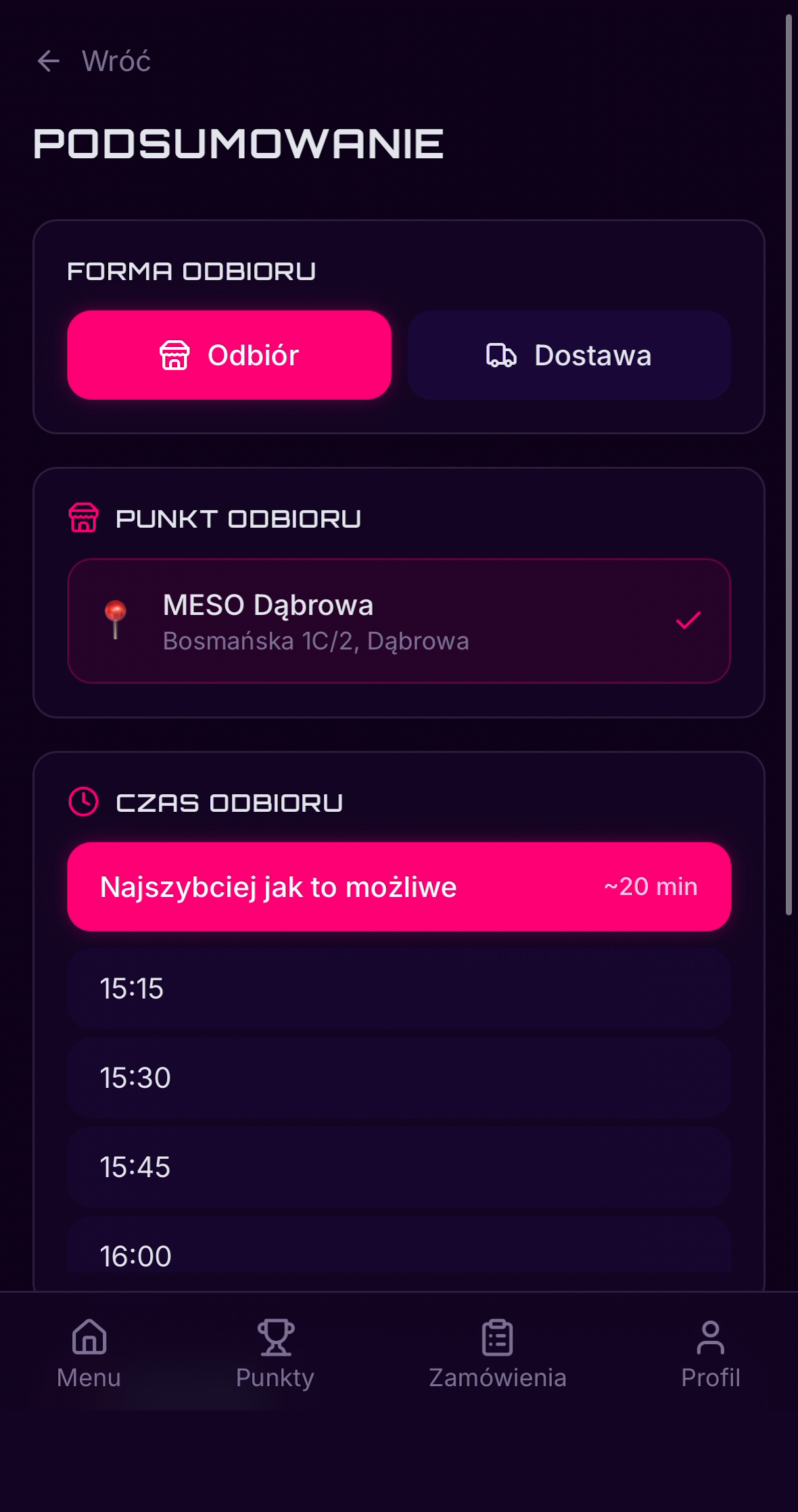 Meso Delivery, order summary with pickup point and time