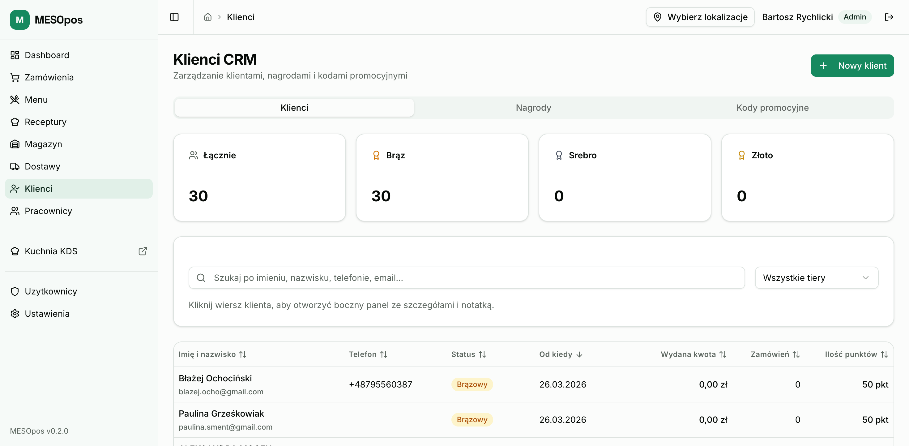 MESOpos customer CRM with loyalty tiers and points