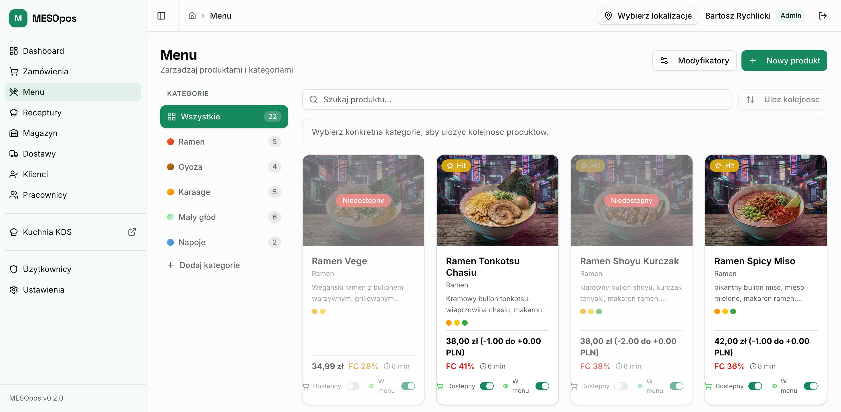 MESOpos, menu management with food cost