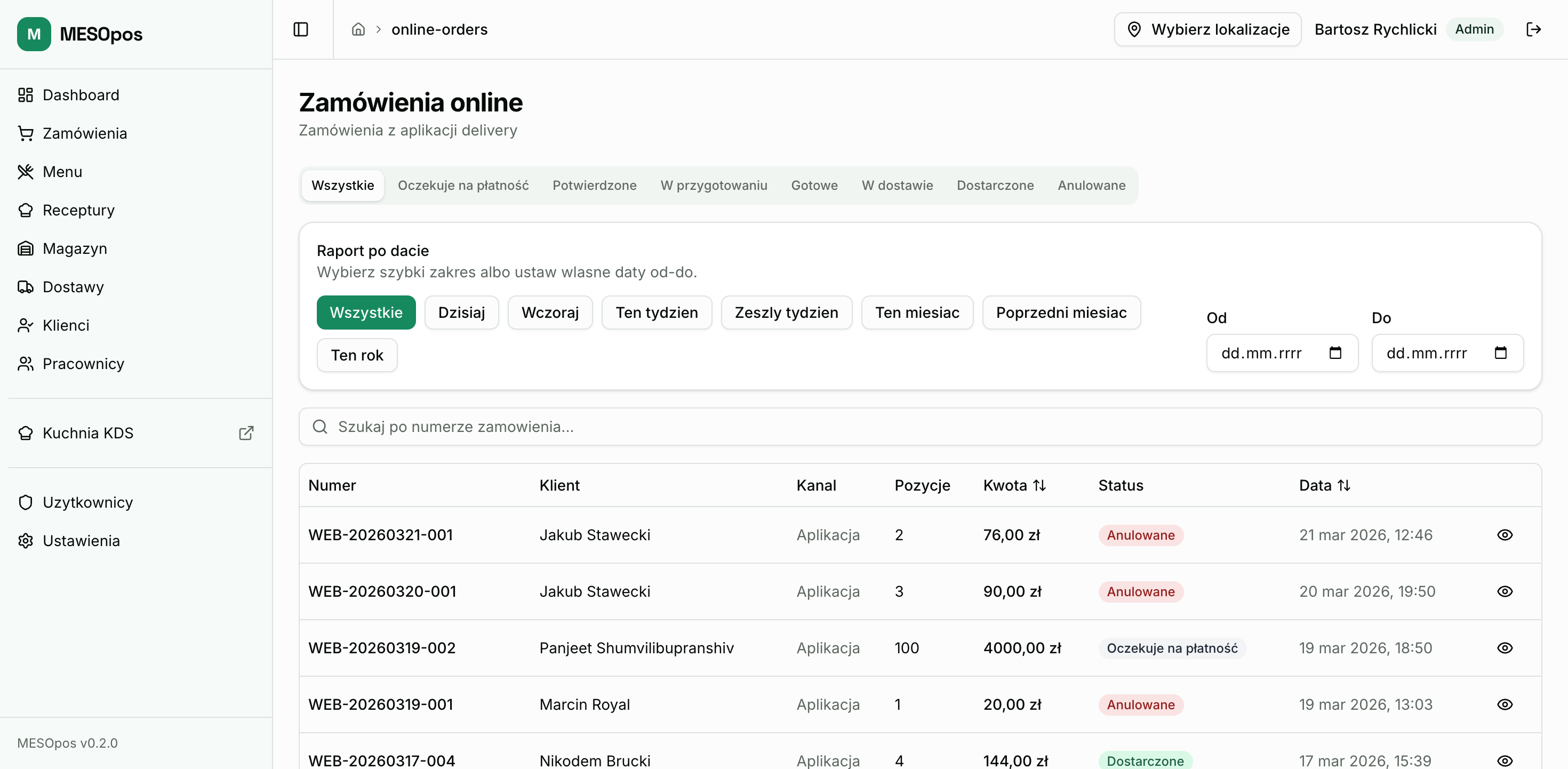 MESOpos online orders flowing in from the Delivery app